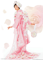 Beautiful pink 3D flower japanese kimono with train