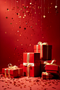 Confetti and gold wrapped gifts on a red background, in the style of danish design, monochromatic compositions, luminous shadows, bright color blocks, atmospheric installations, exacting precision, 20th century scandinavian style