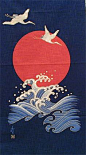 indigo panel of japanese fabric featuring cranes, sun and waves from <a href="http://www.gloriousfabrics.com" rel="nofollow" target="_blank">www.gloriousfabri...</a>