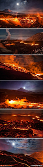 依玛国际摄影俱乐部火山爆发，形成一条岩浆河，在明亮满月下格外耀眼