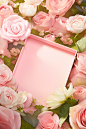 the inside of a box with flowers is covered with pink roses, in the style of georg jensen, digitally manipulated images, playful color palette, rachel whiteread, joyful celebration of nature, soft and dreamy atmosphere, soft gradients