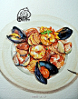 牡蛎海鲜意面水彩手绘过程⑨ @金鱼酱-JINYU #水彩# #插画# #小清新# #美食#