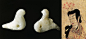玉鸽——一对，出土于大葆台二号墓（王后墓）尸骨头部东侧。白玉质，形如鸽（雀），胸部有圆孔，整体尺寸较小，高仅1、宽1.2厘米。此玉鸽虽不如之前几件玉器精美迷人，但从形制看，不似玉组佩所用，或许为王后头饰配件，如《女史箴图》所绘女子头饰上就有类似雀形饰物。