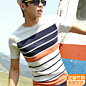 2014春季新款韩版男装短袖T恤夏季首发纯棉条纹休闲修身韩国代购