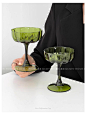 法式复古小众绿色高脚玻璃杯中古香槟杯果酒杯子家用宴会热红酒杯