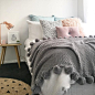 @stylingbytiffany on Instagram: bedroom, colourful bed, pom pom throw, button cushion