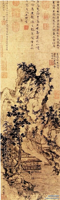 #古画#【 元 赵原《溪亭秋色图》 】 图绘溪山水阁、草木繁茂，溪水潺流。画家以侧锋勾皴山石，用笔疏率苍简，为赵原晚年的作品。