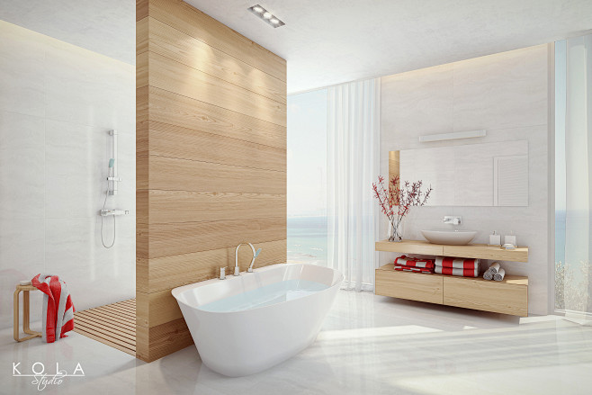 White & wood bathroo...