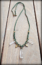Forest Green Macrame Necklace Brass Beads Clear by stoneagetale
