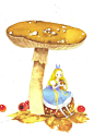 夏达作品。爱丽丝变小的时候坐在蘑菇下，好可爱的感觉。【阿团丸子】
