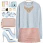 A fashion look from October 2015 featuring grey long sleeve shirt, pink skirt and suede pointy toe pumps. Browse and shop related looks.