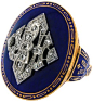 Art Deco Diamond and Enamel Signet Ring, circa 1920’s. Visually strong, this large Art Deco ring features royal blue enamel with champlevé details. The applied diamond-set monogram is wonderfully layered and sleekly geometric.