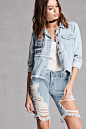 Destroyed Denim Bermuda Shorts :   A pair of denim Bermuda shorts featuring a destroyed design, frayed trim, zipper fly, and a five-pocket construction. This is an independent brand and not a Forever 21 branded item. 