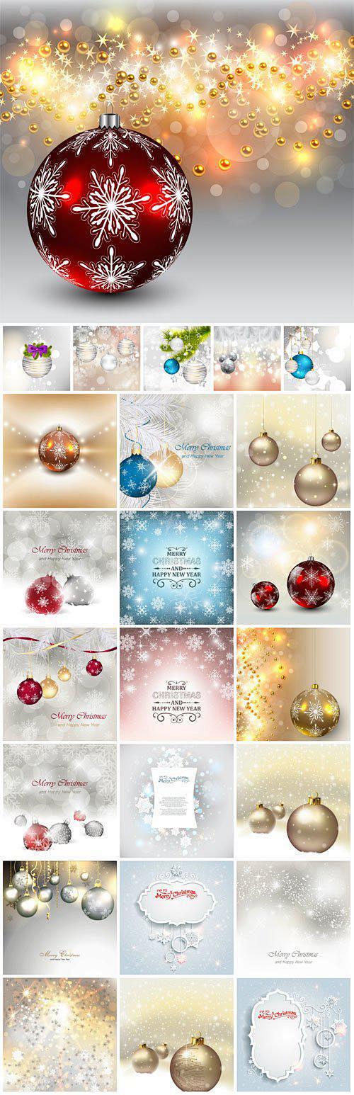银色优雅圣诞节装饰球与雪花矢量背景 25...