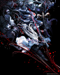 4girls 6+boys armor artist_request ball_and_chain_(weapon) belt black_background blood blood_on_weapon blue_eyes cloak colored_skin dark_witch_eleine ender_lilies_quietus_of_the_knights facial_hair faden_the_heretic fake_horns feathered_wings full_armor f
