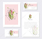 现代创意信纸模板、 手册封面和名片设计与几何抽象晶岩鲜艳的绿色和粉红色的颜色，文具套装