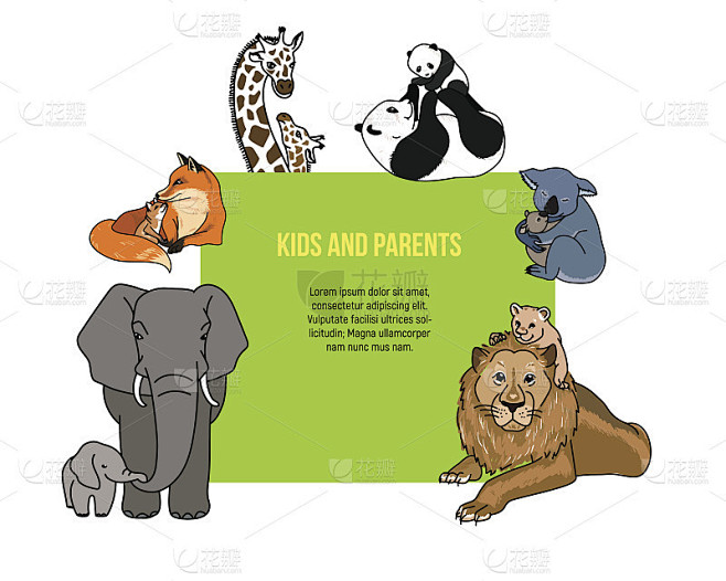 动物园海报上有孩子和父母的动物