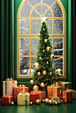 3d scene with christmas tree, presents and some windows, in the style of kitsch aesthetic, green and gold, vray, hallyu, , sigma 85mm f/1.4 dg hsm art, bold color usage