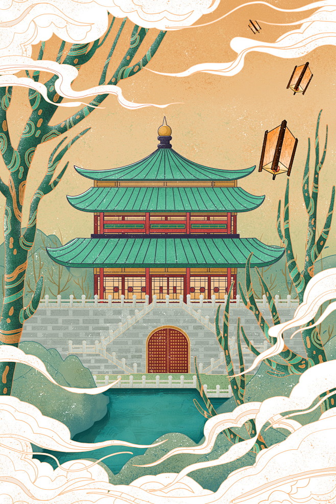 中国风古建筑插画