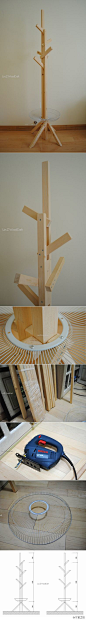 建筑师兼木工爱好者张林分享的DIY作品，小树衣帽架。材料买自百安居的杉木龙骨料，底部托盘是风扇的废物利用。