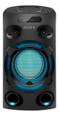 the sony speaker is black and has blue lights on it's front end,