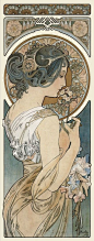 Alphonse Mucha (1860~1939) 阿尔方斯· 穆夏 捷克新艺术运动的领航画家之一，他的作品跨越了多个艺术领域，插画、广告、明信片、珠宝设计、建筑设计以及油画等。1939年，在被德军拘捕期间患上肺炎，同年7月因病逝世，享年78岁。