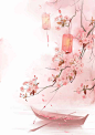水彩 古风 粉色 海棠 灯笼 船 水墨 中国风 素材 花卉 背景