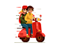 Couple Riding Scooter Motor Bike vector motorcycle relationship trip hipster travel motorbike transportation girl cute character bike app illustrator flat design illustration helmet couple