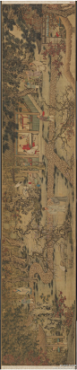 【 明 谢环 《香山九老图》 】卷，绢本设色，29.8×148.2cm，美国克利夫兰美术馆藏。这幅表现文人聚会的长卷，在构图上作者选择了从围墙上方往墙内俯视的角度来描绘。画中一条蜿蜒的碎石小径贯穿整个画面，形成一条横轴线，人物及景物均围绕着石径展开。笔法工整严谨，挺拔秀逸，色彩鲜艳、古拙。