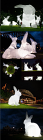 Illuminated inflatable white rabbits by Australian artist Amanda Parer for an installation entitled Intrude: 