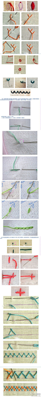 一些常用的刺绣小针法，喜欢的拿去。缎面绣、飞羽绣、花瓣绣、花边绣、茎绣、轮廓绣、链针绣的一个花瓣、链针绣、劈针绣、四腿结、人字绣、双色人字绣~（转）