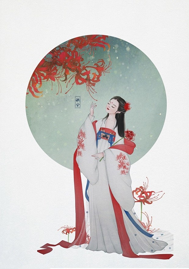 唯美汉服美女的古风人物手绘插画图片