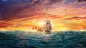 General 3840x2160 digital art artwork fantasy art sailing ship pirates skull sea waves clouds island palm trees Peter Pan sunset