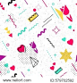 Trendy geometric elements memphis card. Seamless memphis pattern for 8 march women`s day celebration with holiday symbols  in retro 80s, 90s memphis style. Vector illustration