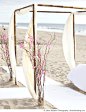  #国外婚礼# #唯美婚纱照# #海滩婚礼# Beach Wedding Ideas On a Budget | Simple beach wedding arch with white flowing fabric, branches and pink ...