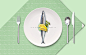 俯视白色盘子白色碟子刀子叉子勺子柠檬预绿色桌子绿色餐布