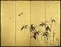 A pair of four-fold paper screens painted in ink on a gold ground with take (bamboo) and suzume (sparrows). This right-hand screen depicts three suzume (sparrows) flying over kumazasa (dwarf bamboo).  Signed: Beisen  Inscription: Yuzan suzume wo utsutsu. 