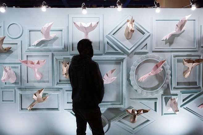 韩国首尔Papa多边形立体纸动物艺术安装...