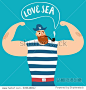 Mighty pirate sailor with pipe and speech bubble. Love sea title. Cartoon illustration for your design.