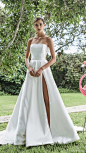 elbeth gillis 2021 bridal strapless straight across clean minimalist a line ball gown wedding dress slit skirt chapel train (10) mv