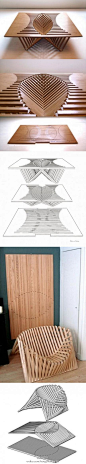 杭州设计：【他山之石】 设计师Robert van Embricqs 设计的这两款可折叠的桌子及椅子能够帮助你有效地分配和利用有限的空间。它们的中间设计了一些特殊的条状结构，使得这两款家具既可以形成稳定的支撑来充分发挥功能，又可以折叠成平板塞在床下存放。