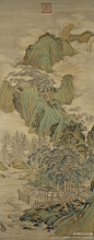 #青绿山水#【 清 徐扬 《山庄清话图》 】轴，绢本设色，189.3×73.7cm，北京故宫藏。图绘崇山叠岩、云雾蒸腾、苍松郁树、溪涧柴门、板桥通幽、高士清谈的山林幽谷之景。高远式构图，画面充盈，移步换景，意境清幽。此图以南宋院体绘画风格为本，融入写意笔法，使画面既有装饰性又具有再现自然的生动性。
