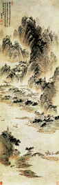 黄向坚点苍山色图1609-1673明末清初画家，字端木，号存庵、万里归人，黄孔昭子。善画山水，师法王蒙，善用干笔，构境奇险，拓落苍秀，层次丰富，气势雄浑。