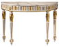 Inviting Home - Louis XVI Console Table - Louis XVI style carved wood console with antiqued white finish antiqued goldleaf accents and Calacatta gold marble top with curved beveled edge 47-1/2"W x 17-1/2"D x 34-1/2"H hand-made in Italy Loui