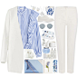 A fashion look from December 2016 featuring blue top, silk jacket and white trousers. Browse and shop related looks.