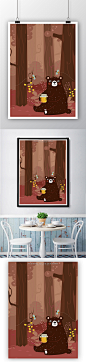 棕色大树森林背景棕熊蜂蜜矢量插画模板