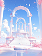 pink and white roses flower wallpapers, in the style of minimalist stage designs, romantic ruins, miwa komatsu, kawacy, sky-blue and white, vibrant stage backdrops, grandeur of scale