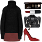 A fashion look from December 2014 featuring black long sleeve top, red mini skirt and pointy toe pumps. Browse and shop related looks.
