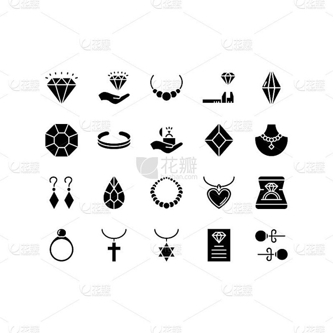 珠宝系列图标集。包括戒指，手镯，耳环，钻...