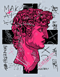 David classical sculpture. Crazy pink calligraphy.